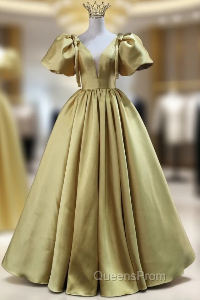 Gold Satin Puff Sleeve V-neck Evening Prom Dress Main image