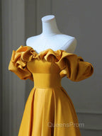 Gold Satin Sweetheart Off Shoulder A-line Evening Prom Dress, Satin Evening Dress