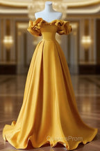 Gold Satin Sweetheart Off Shoulder A-line Evening Prom Dress, Satin Evening Dress