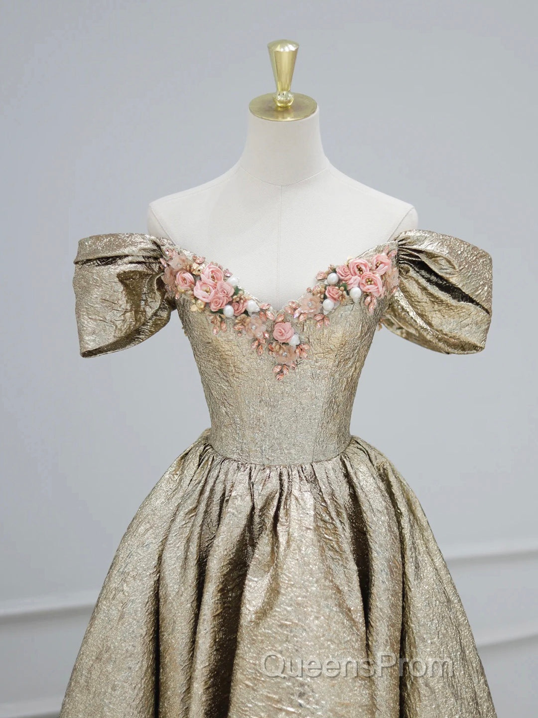 Gold Satin V-Neck Long Evening Prom Dress With Flowers, Off The Shoulder A-Line Formal Dress Secondary image