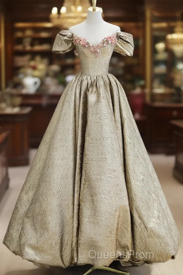 Gold Satin V-Neck Long Evening Prom Dress With Flowers, Off The Shoulder A-Line Formal Dress Main image