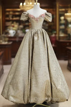 Gold Satin V-Neck Long Evening Prom Dress With Flowers, Off The Shoulder A-Line Formal Dress