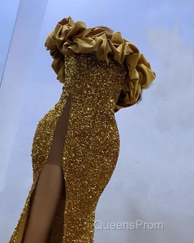 Gold Sequin Mermaid Strapless Split Evening Prom Dress