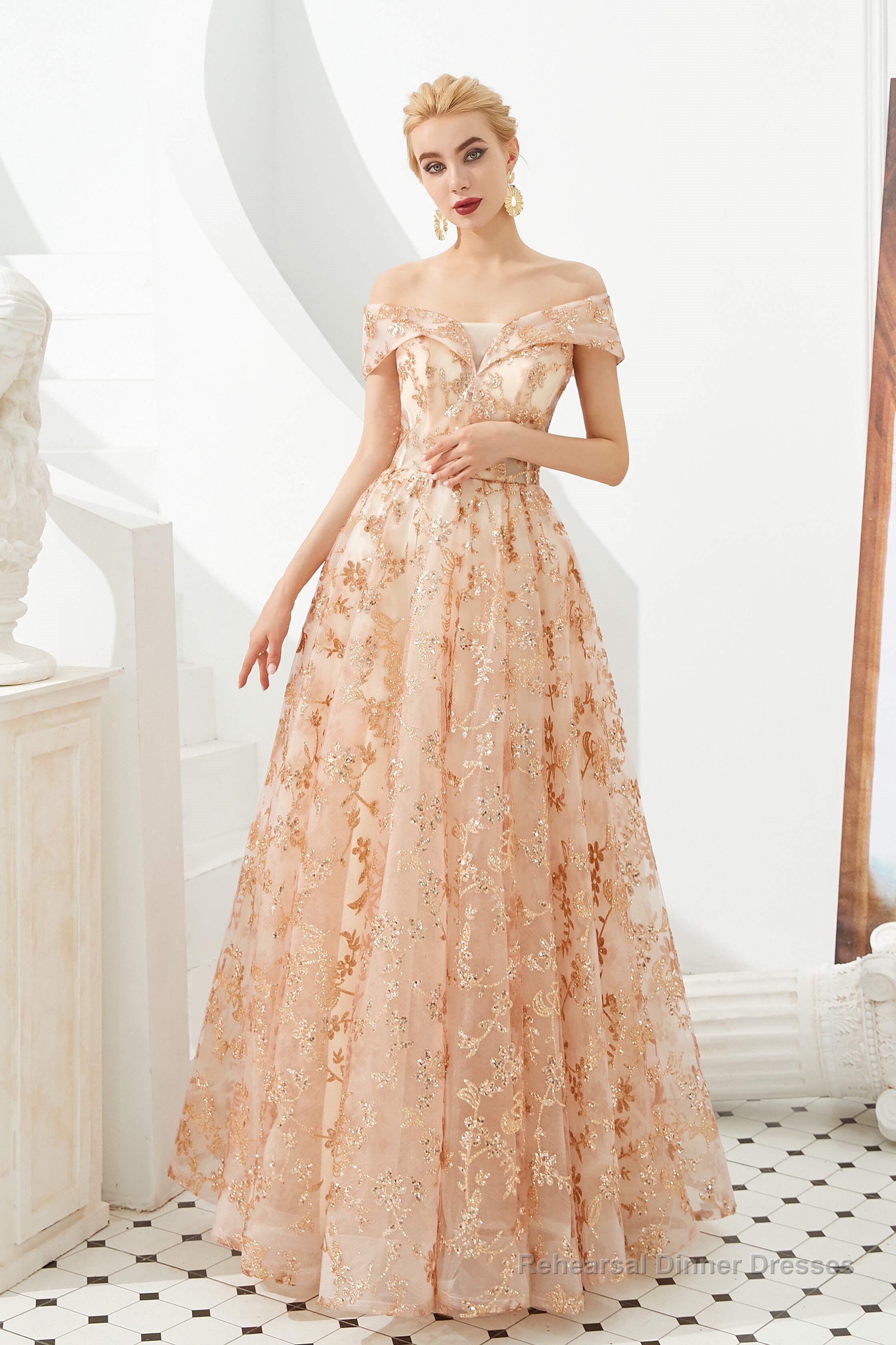 Gold Sequin Off the Shoulder A-line Floor Length Lace Prom Dresses Main image
