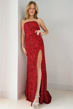 Gold Sequin Strapless Backless Mermaid Long Classy Prom Dress With Slit