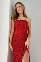 Gold Sequin Strapless Backless Mermaid Long Classy Prom Dress With Slit