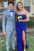 Gold Sequin Strapless Backless Mermaid Long Classy Prom Dress With Slit