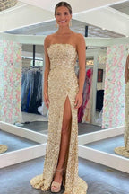 Gold Sequin Strapless Backless Mermaid Classy Prom Dress