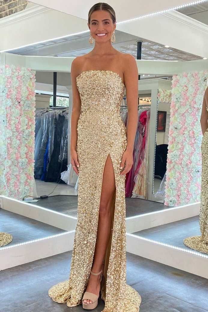 Gold Sequin Strapless Backless Mermaid Classy Prom Dress