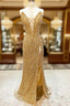Gold Sequin Strapless Lace-Up Front Long Evening Prom Dress with Slit