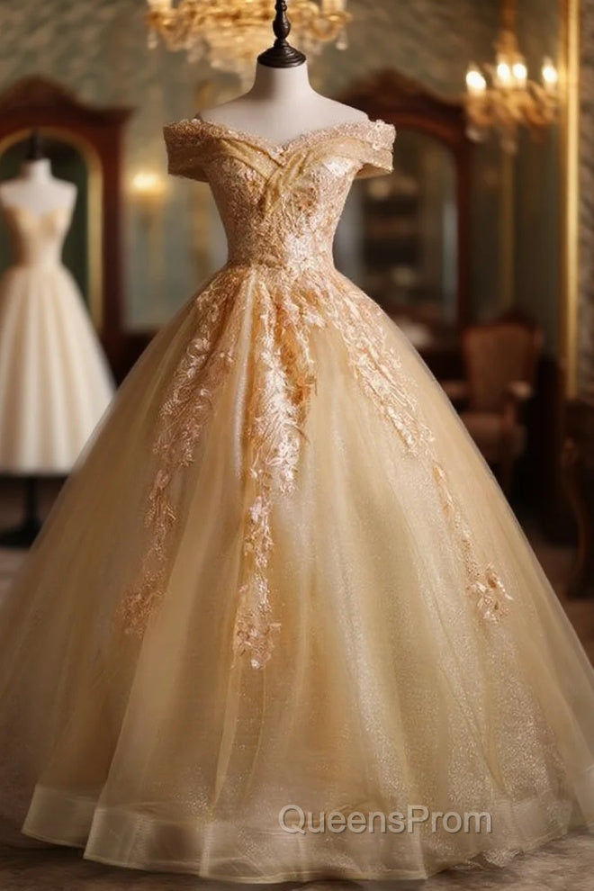 Gold Sequins Appliques Beading Quinceanera Dress