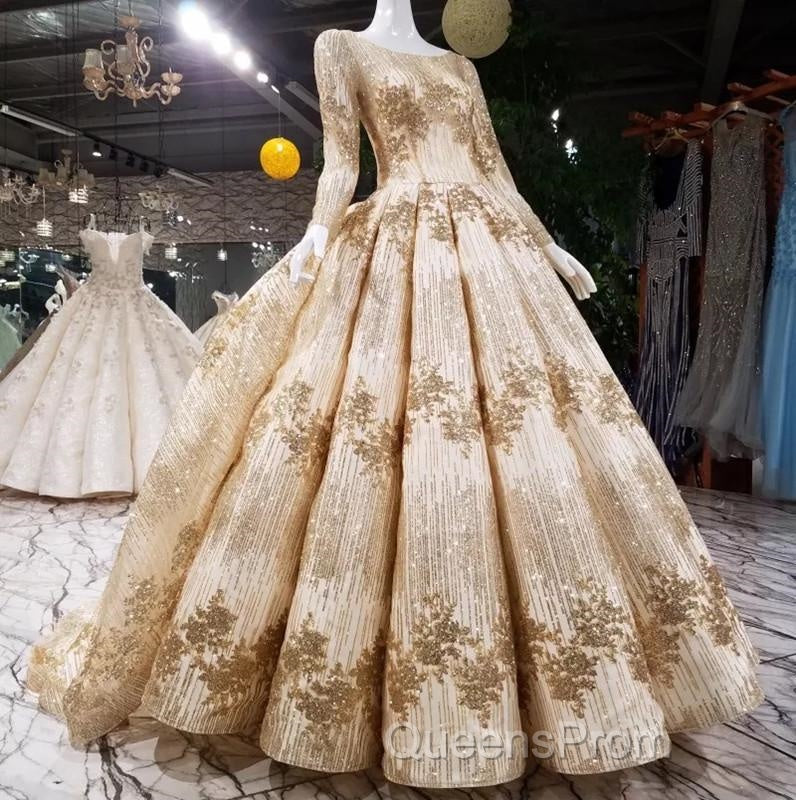Gold Sequins Ball Gown Wedding Dress Long Sleeves Open Back Secondary image