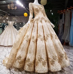 Gold Sequins Ball Gown Wedding Dress Long Sleeves Open Back