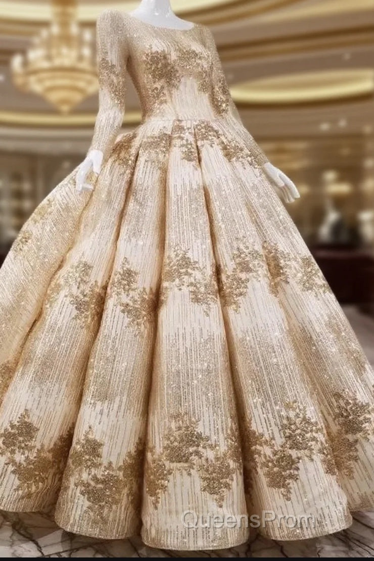 Gold Sequins Ball Gown Wedding Dress Long Sleeves Open Back Main image