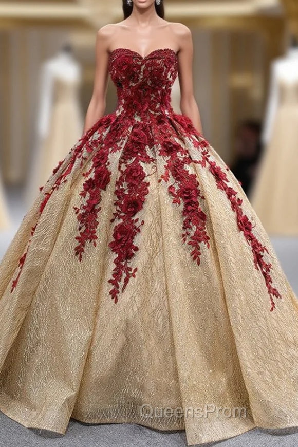 Gold Sequins Burgundy Appliques Strapless Evening Prom Dress Main image
