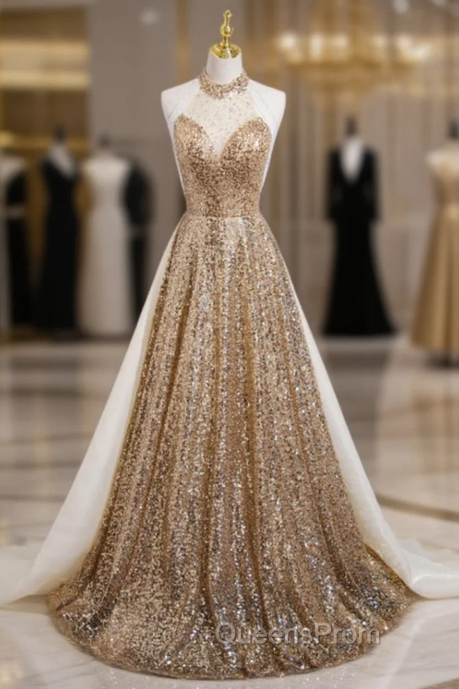 Gold Sequins Halter Backless Beading Evening Prom Dress Main image