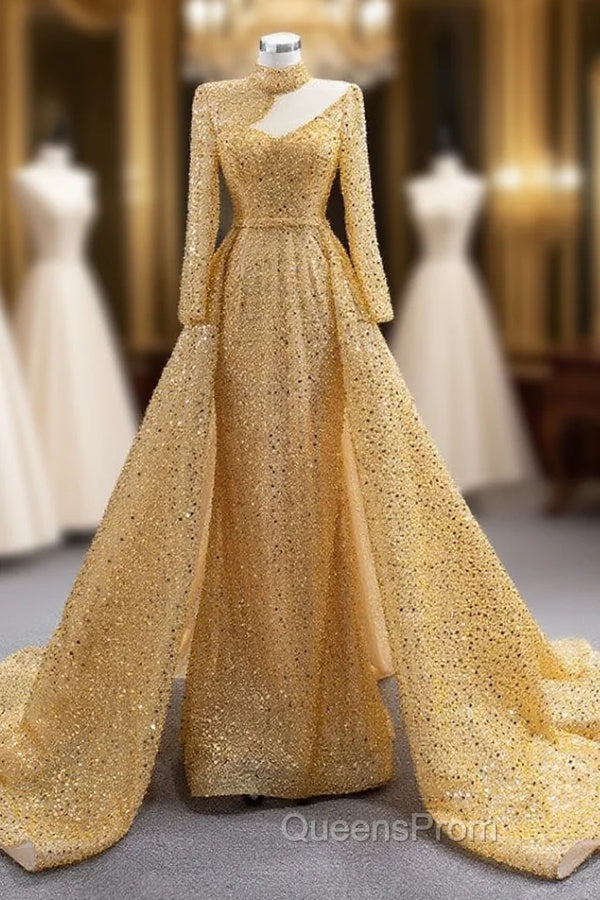 Gold Sequins High Neck Long Sleeve Pearls Evening Prom Dress