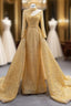 Gold Sequins High Neck Long Sleeve Pearls Evening Prom Dress