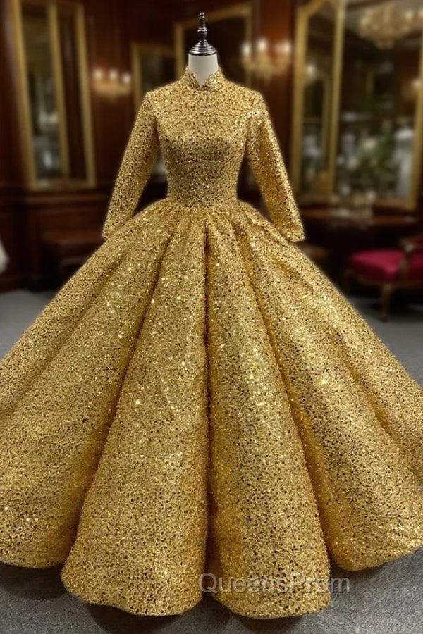 Gold Sequins High Neck Long Sleeve Evening Prom Dress Main image