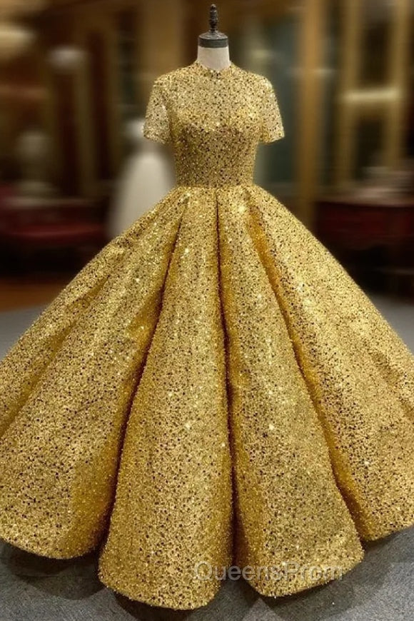 Gold Sequins High Neck Short Sleeve Evening Prom Dress Main image