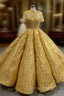 Gold Sequins High Neck Short Sleeve Evening Prom Dress