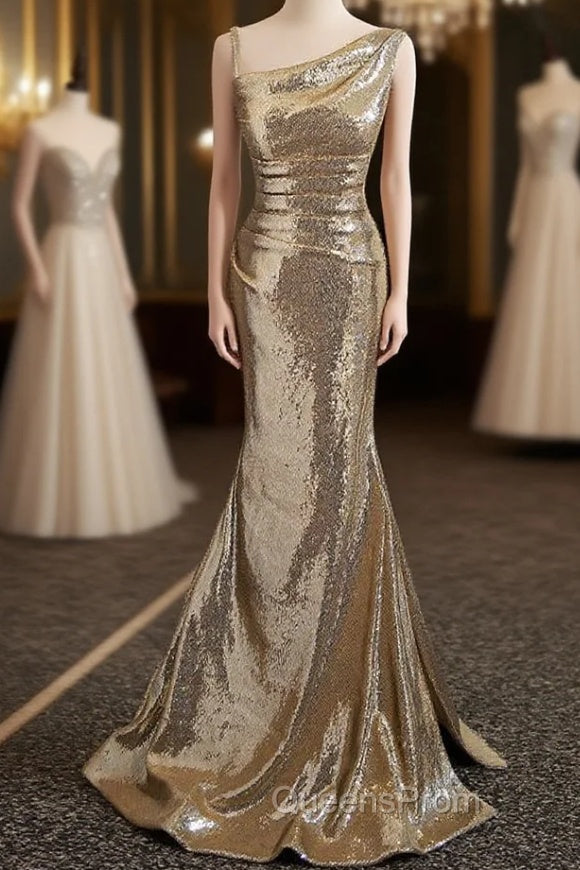 Gold Sequins Irregular Neck Pleats Evening Prom Dress