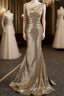 Gold Sequins Irregular Neck Pleats Evening Prom Dress