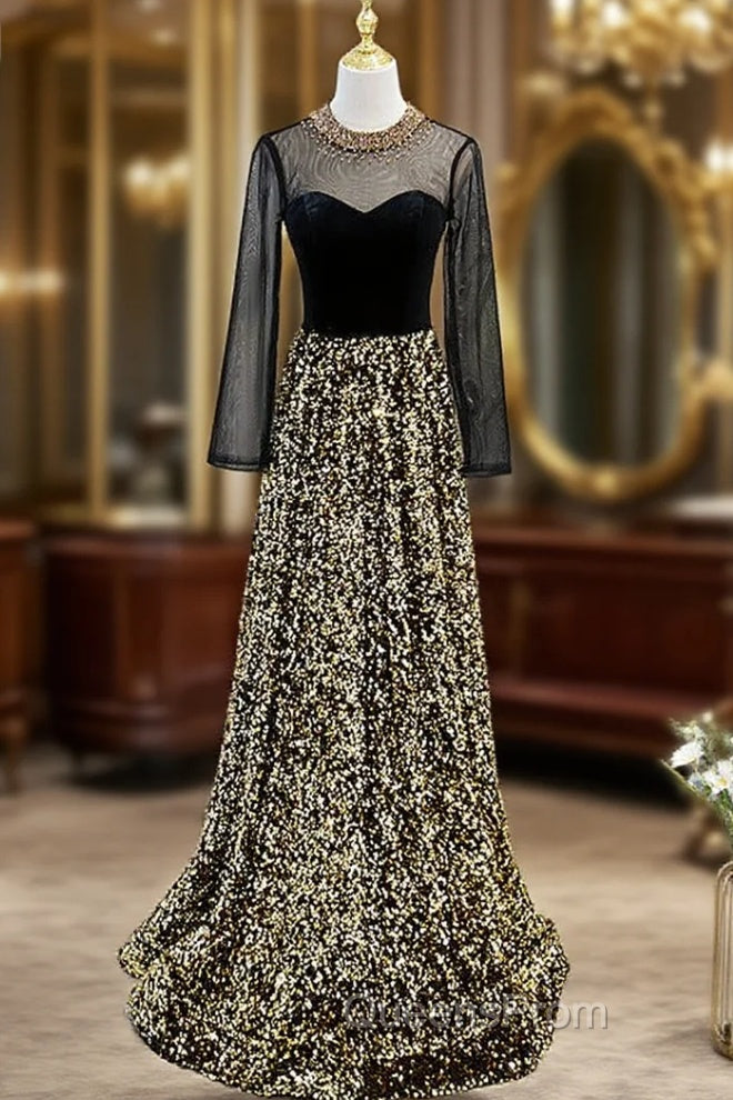 Gold Sequins Long Sleeve Backless Beading Evening Prom Dress Main image