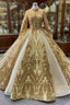 Gold Sequins Long Sleeve High Neck Evening Prom Dress