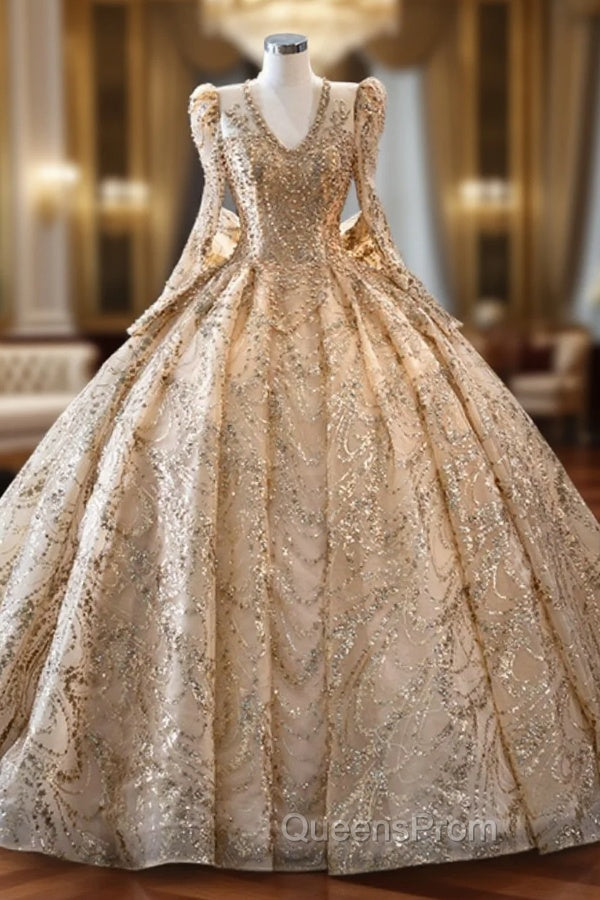 Gold Sequins Long Sleeve V-neck Evening Prom Dress Main image