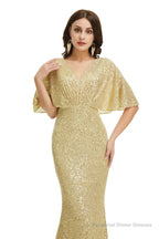 Sequins Mermaid Cape Sleeves V Neck Prom Dresses