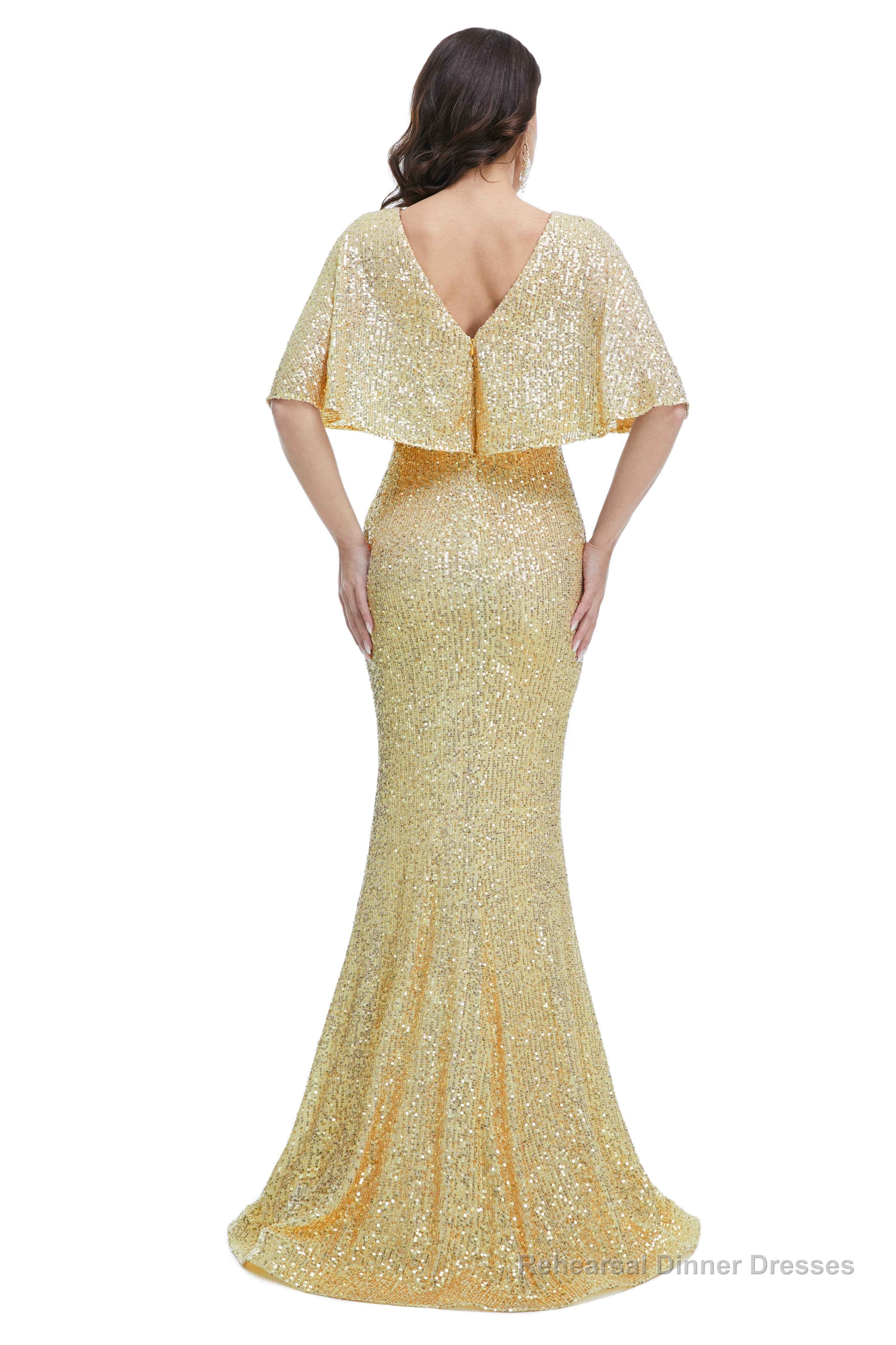 Sequins Mermaid Cape Sleeves V Neck Prom Dresses