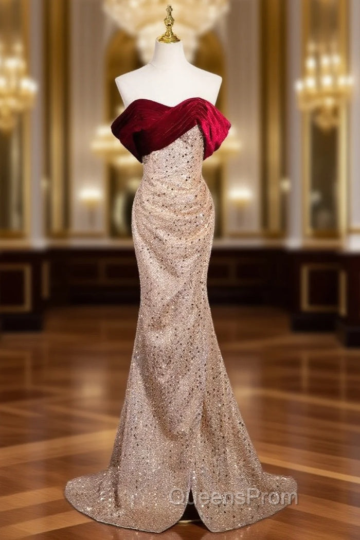 Gold Sequins Off the Shoulder Burgundy Velvet Evening Prom Dress Main image