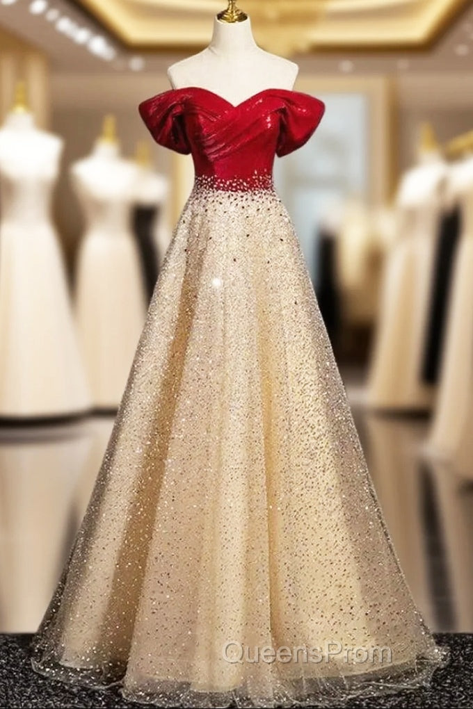 Gold Sequins Off the Shoulder Crystal Evening Prom Dress Main image