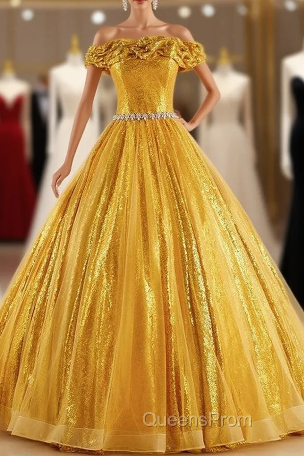 Gold Sequins Off the Shoulder Crystal Quinceanera Dress Main image