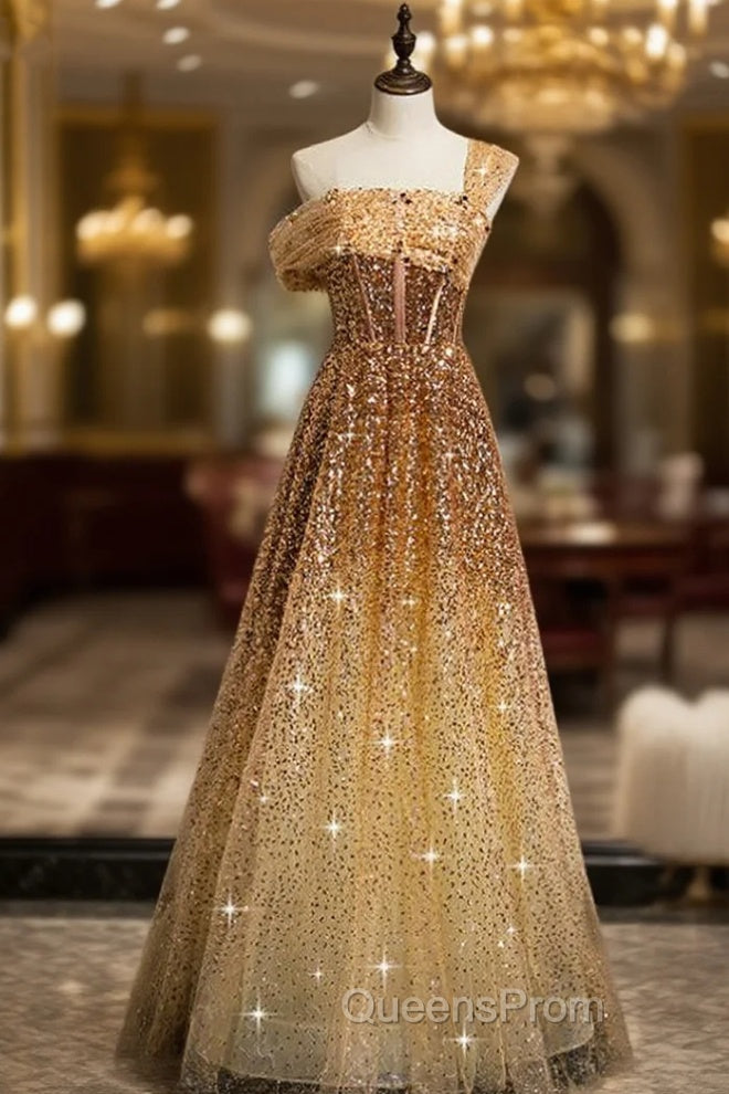 Gold Sequins One Shoulder Pleats Corset Evening Prom Dress Main image