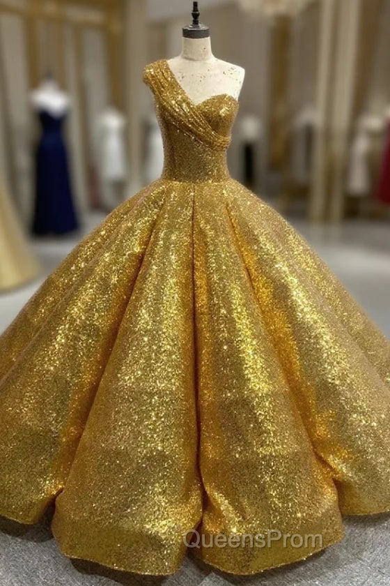 Gold Sequins One Shoulder Evening Prom Dress Main image