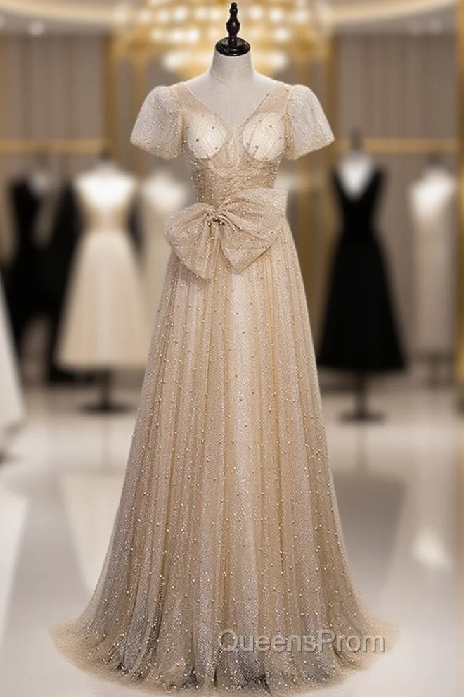 Gold Sequins Pearls V-neck Puff Sleeve Evening Prom Dress Main image