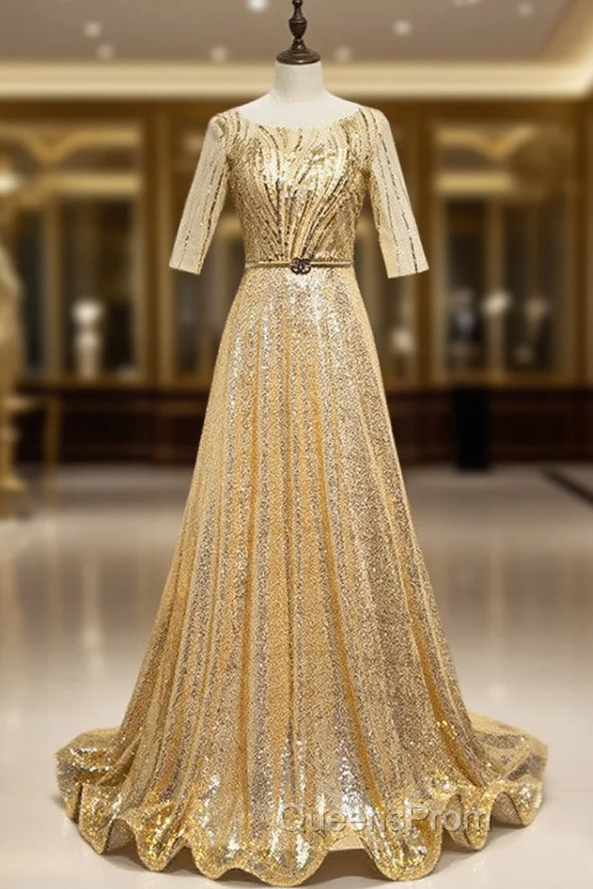 Gold Sequins Short Sleeve Evening Prom Dress With Belt