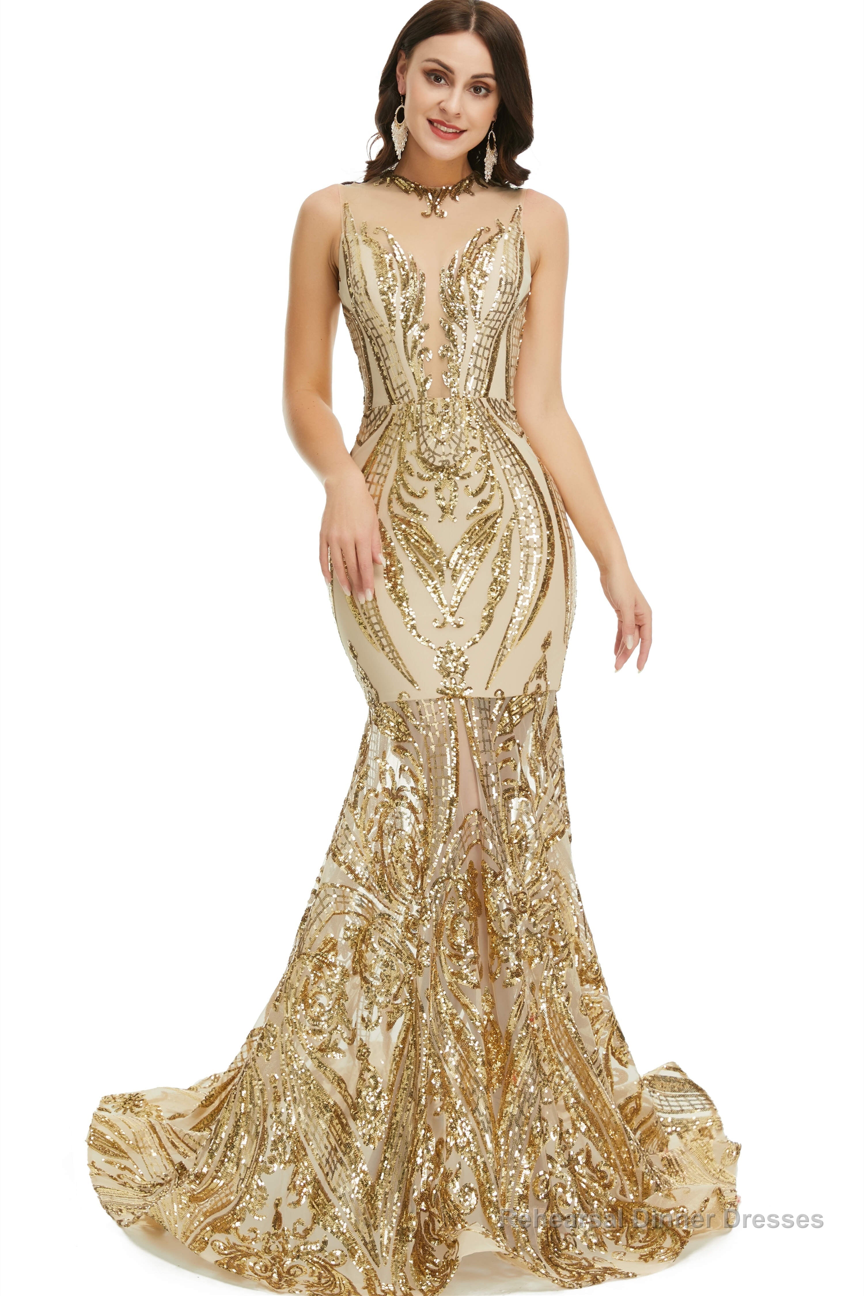 Sequins Sleeveless Floor Length Crew Neck Prom Dresses