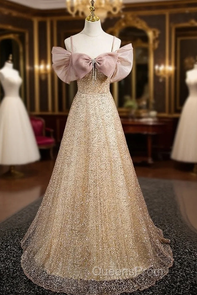 Gold Sequins Spaghetti Straps Bow Evening Prom Dress Main image