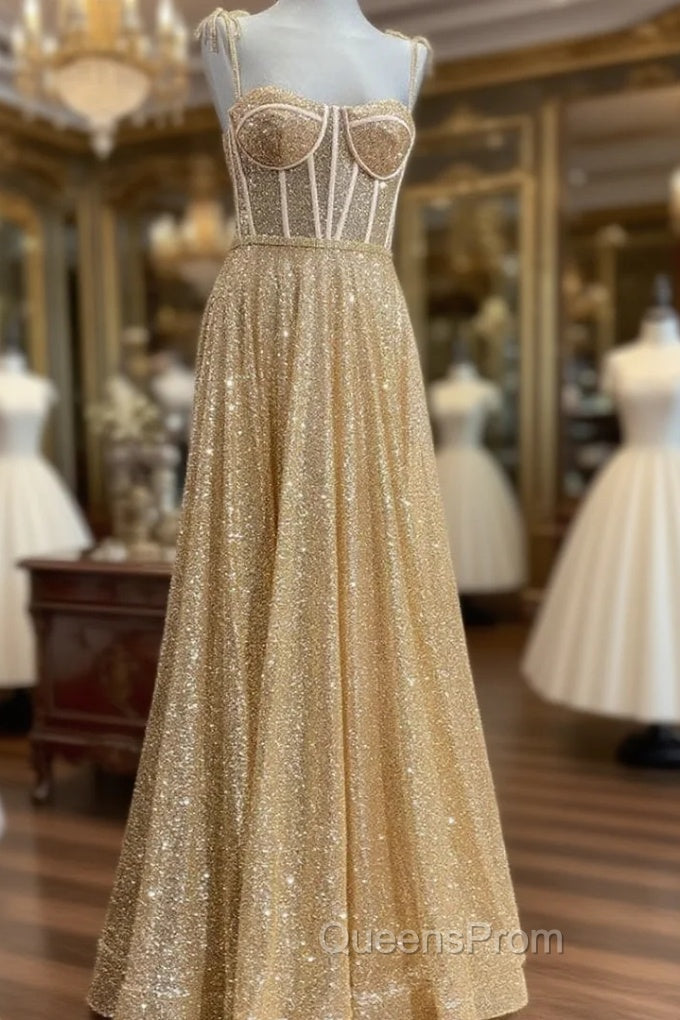 Gold Sequins Spaghetti Straps Sexy Evening Prom Dress Main image