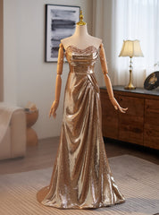 Gold Sequins Strapless Pleats Prom Dress