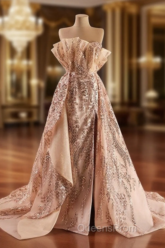 Gold Sequins Strapless Split Evening Prom Dress