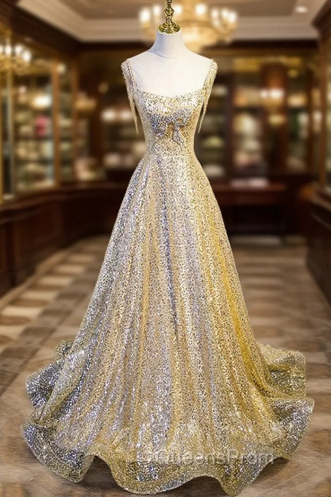 Gold Sequins Straps Beading Evening Prom Dress