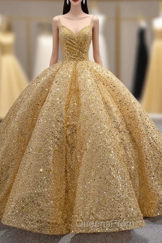 Gold Sequins Straps Pearls Evening Prom Dress Main image