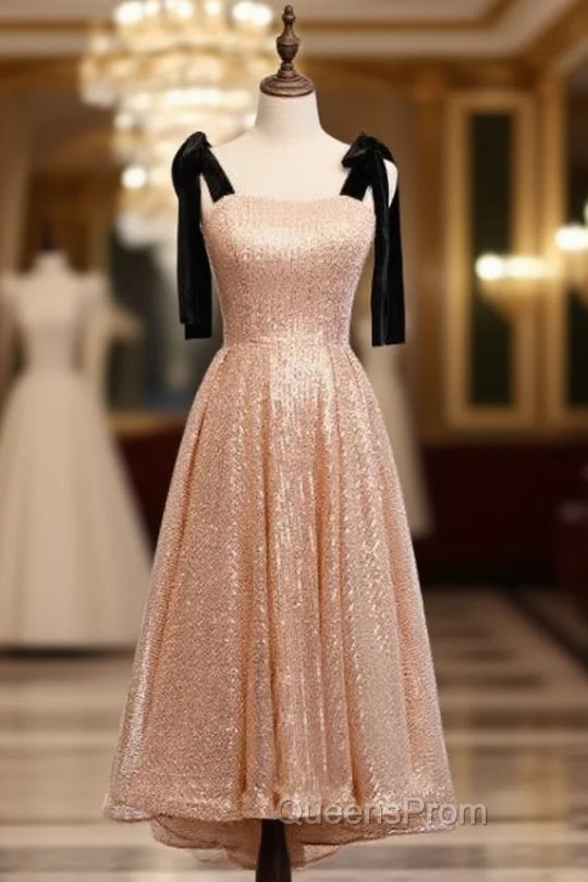 Gold Sequins Straps Tea Length Evening Prom Dress Main image