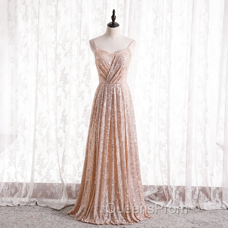 Gold Sequins Sweetheart Simple Spaghetti Straps Long Party Dress, Sequins Evening Prom Dress Bridesmaid Dress Secondary image