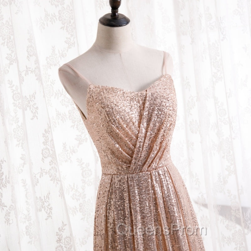 Gold Sequins Sweetheart Simple Spaghetti Straps Long Party Dress, Sequins Evening Prom Dress Bridesmaid Dress
