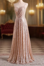 Gold Sequins Sweetheart Simple Spaghetti Straps Long Party Dress, Sequins Evening Prom Dress Bridesmaid Dress